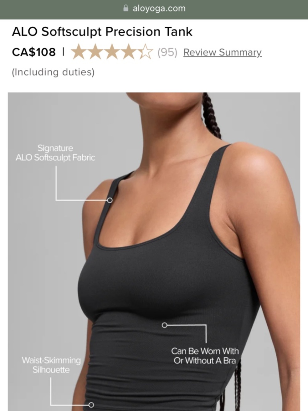 ALO Softsculpt Precision Black Tank Top Small